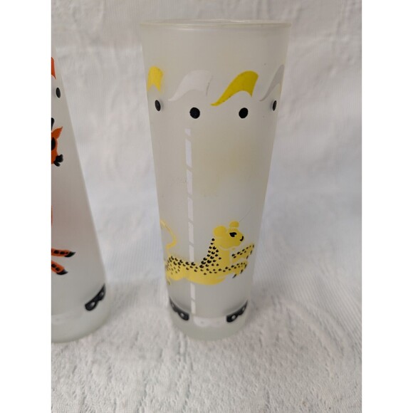 Vintage MCM Libby “Circus Carousel” 4 Frosted Glasses Tom Collins Animals Flag - Picture 9 of 11